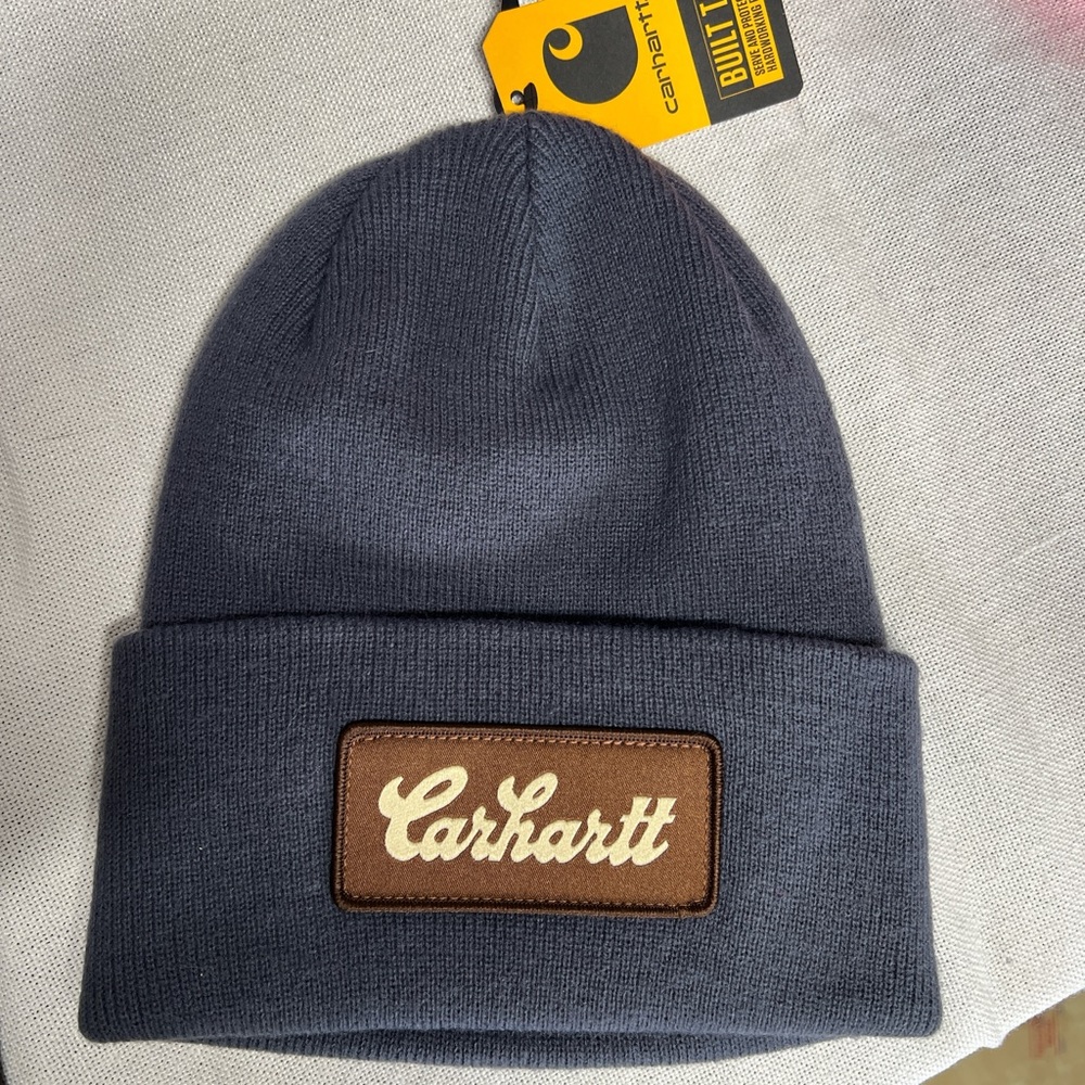Carhartt Blue Knit Beanie with Brown Logo Patch